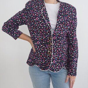 Vintage Leslie Faye Black w Pink Purple Floral Button Crop Blazer 18/ M